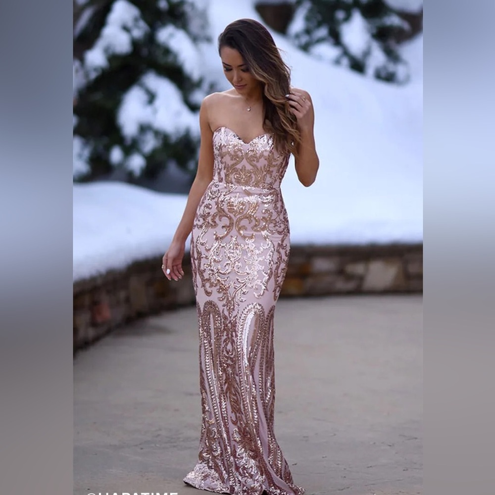 Lulus bariano rebecca rose gold sequin evening gown maxi dress pink strapless